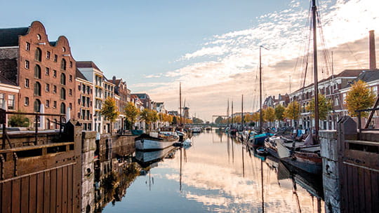A view down a canal in Rotterdam at dusk, Netherlands